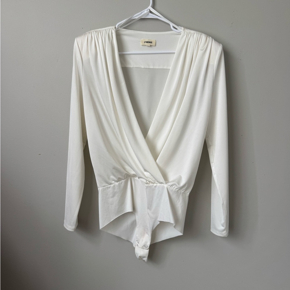 L'AGENCE White Wrap Tie Front Bodysuit
